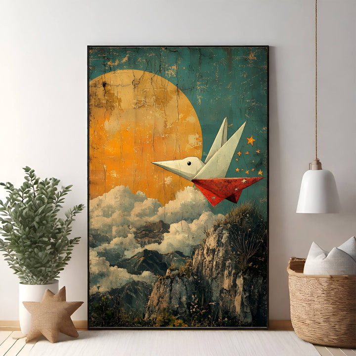 Wadi Home wall art: white and red origami bird flying over textured mountains under a large orange moon and starry sky.