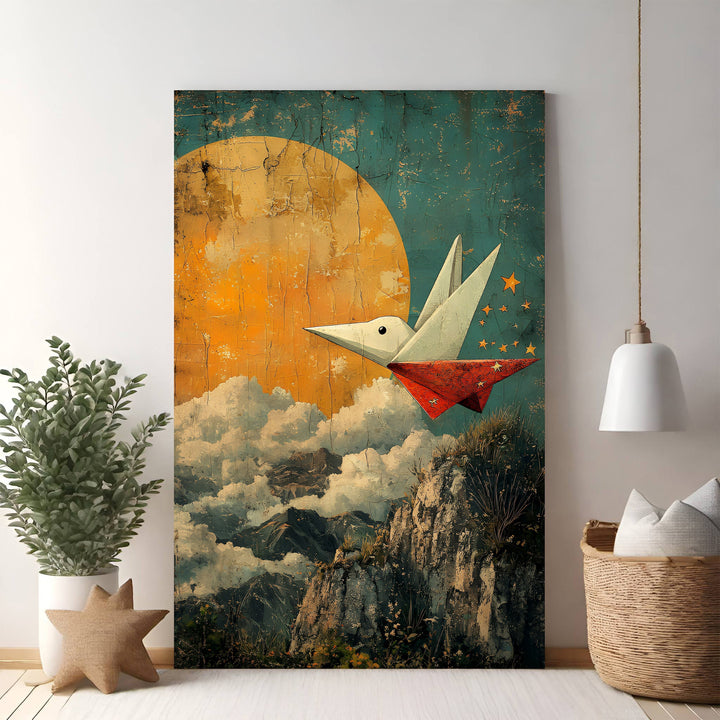 Wadi Home wall art: white and red origami bird flying over textured mountains under a large orange moon and starry sky.