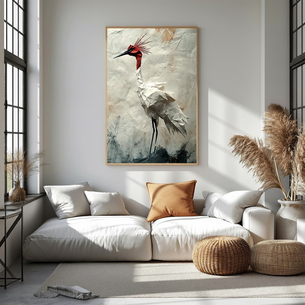 Wadi Home white origami crane wall art with red crest on textured background, framed in light wood.