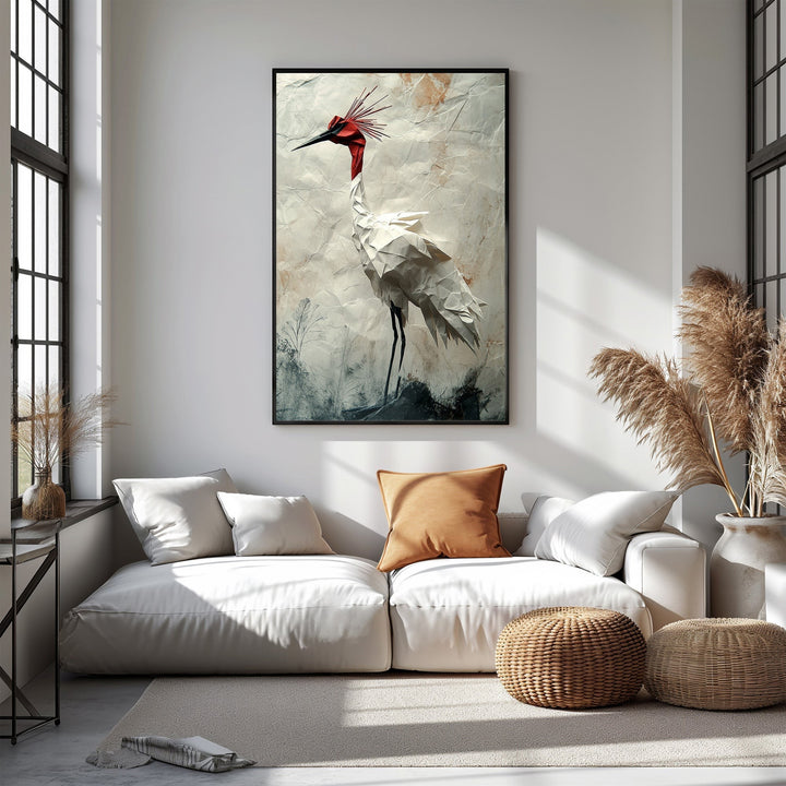 Wadi Home white origami crane wall art with red crest on textured background.
