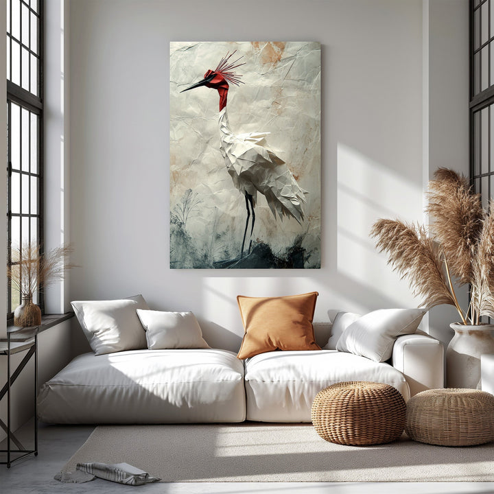 Wadi Home white origami crane wall art with red crest on textured background, Japanese paper art style.