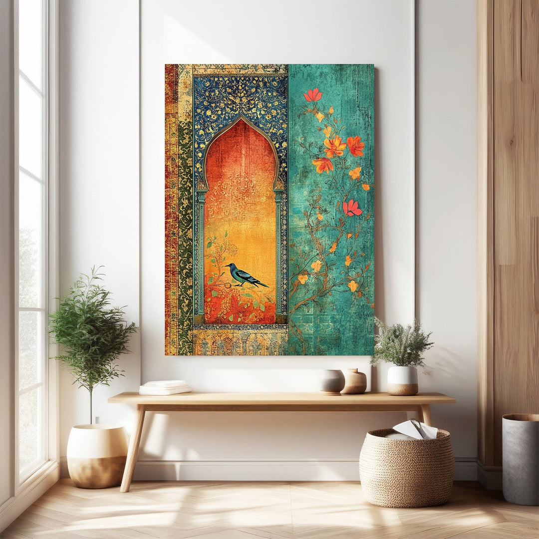 Wadi Home Ornate Archway wall art with bird and floral accents in warm oranges and deep teals.