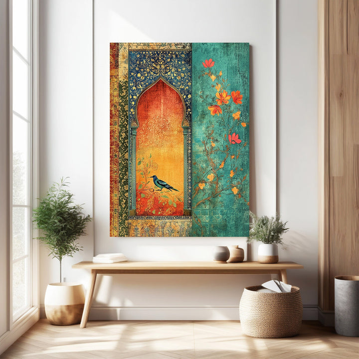 Wadi Home Ornate Archway wall art with bird and floral accents in warm oranges and deep teals.