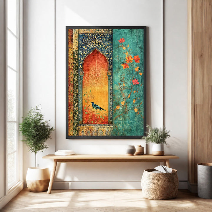 Wadi Home Ornate Archway wall art with bird and floral accents in teal and orange hues.
