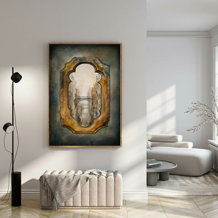 Wadi Home Ornate Archway Landscape Wall Art with bridge and textured artwork, framed in gold.