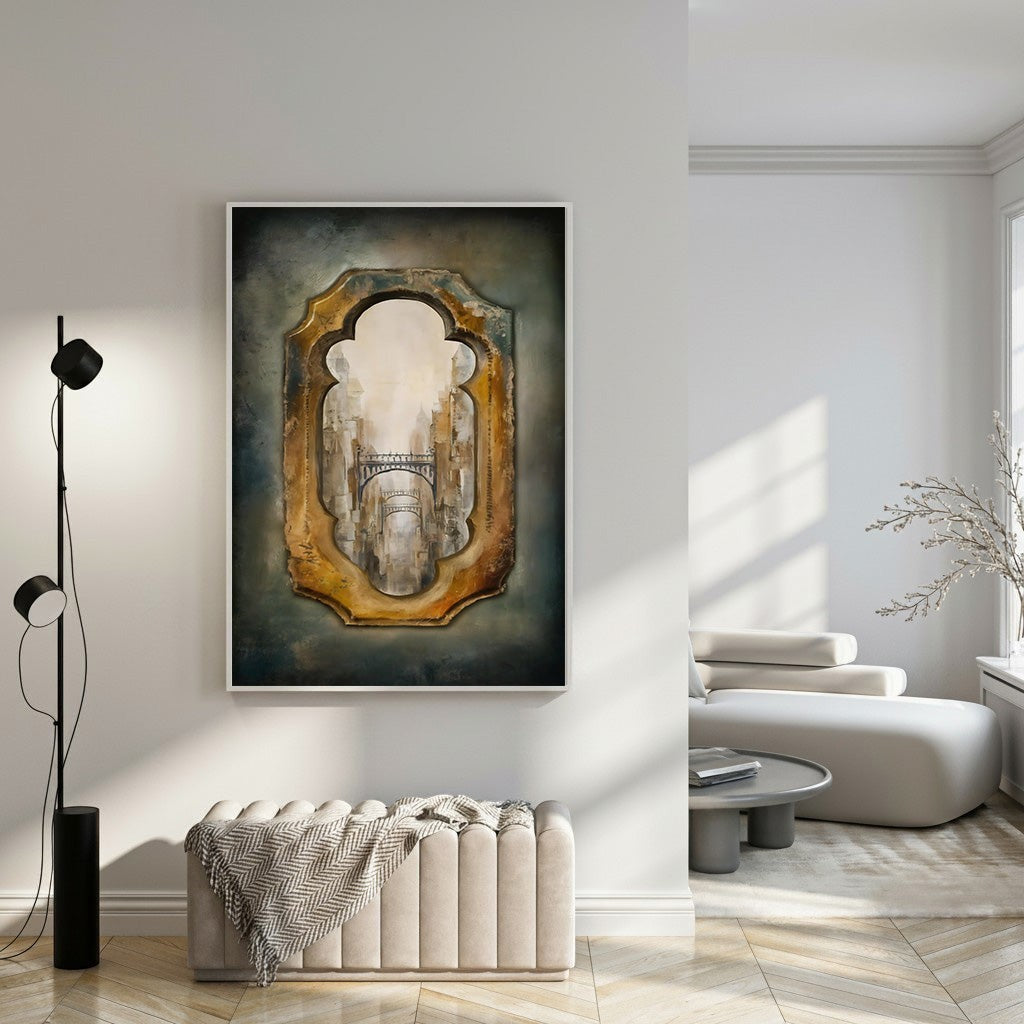 Wadi Home Ornate Archway Landscape Wall Art with bridge and textured, atmospheric distant scenery.