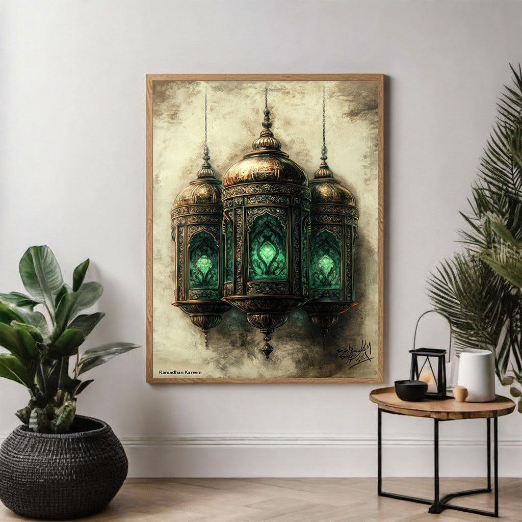 Wadi Home Ornate Hanging Lantern Wall Art with three antique bronze lanterns and emerald green accents, Ramadan themed.