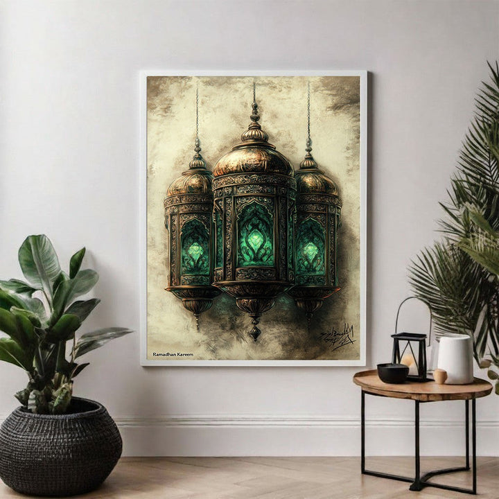 Wadi Home Ornate Hanging Lantern Wall Art with three antique bronze lanterns and emerald green accents, Ramadan themed.