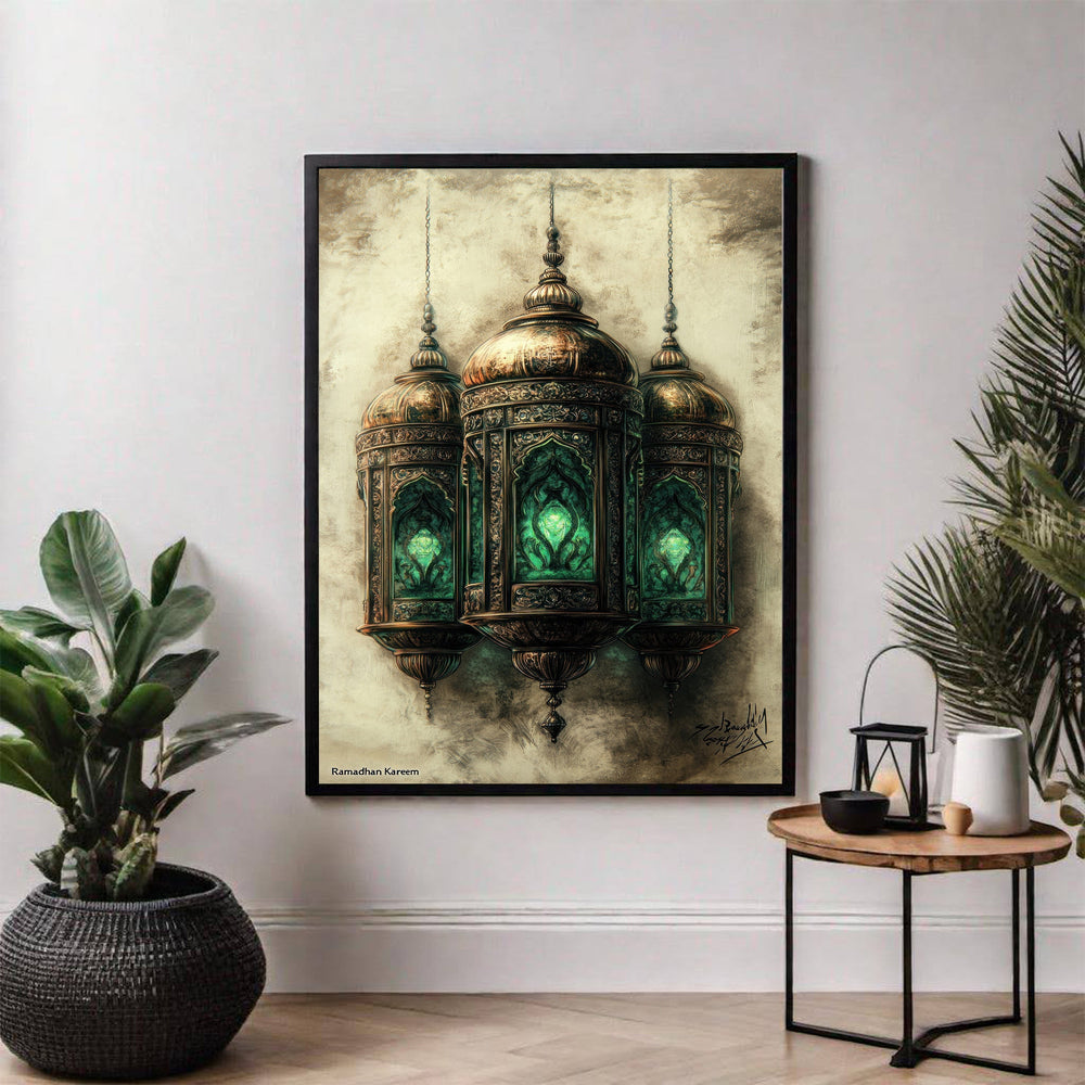 Wadi Home Ornate Hanging Lantern Wall Art featuring three antique bronze lanterns with emerald green accents, Ramadan themed.