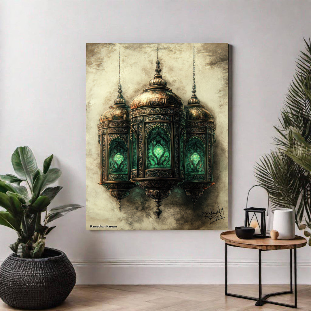 Wadi Home Ornate Hanging Lantern Wall Art with three antique bronze lanterns featuring emerald green accents, Ramadan themed.