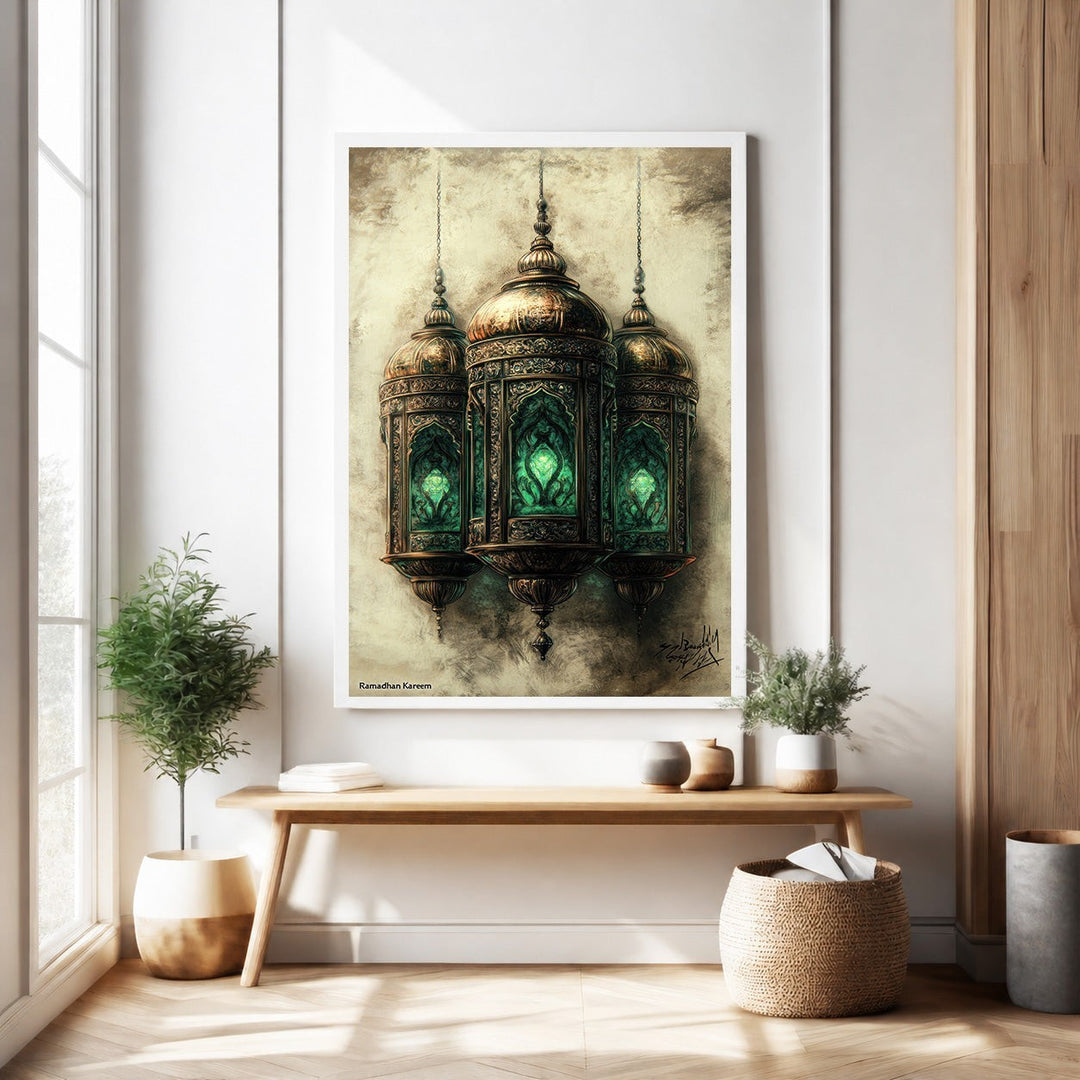 Wadi Home Ornate Hanging Lantern Wall Art featuring three metallic lanterns with emerald green accents in Islamic design.