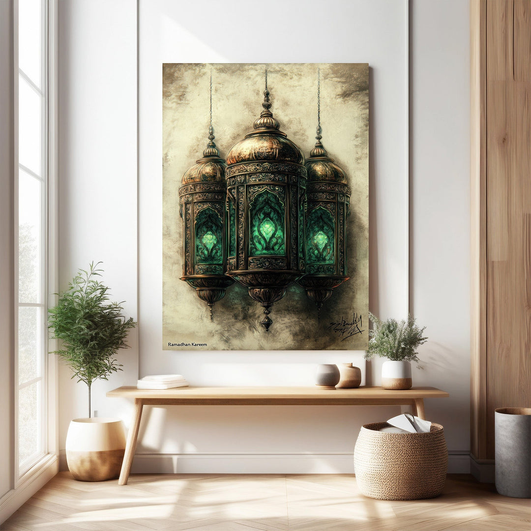 Wadi Home Ornate Hanging Lantern Wall Art featuring three metallic lanterns with emerald green accents, Islamic design.