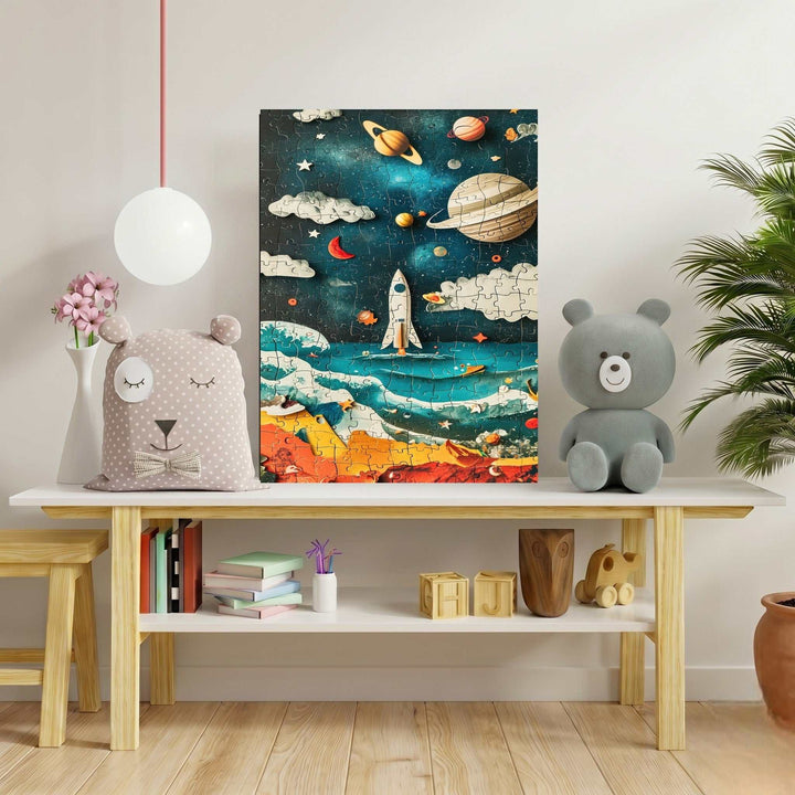Wadi Home Outer Space Rocket Adventure Puzzle featuring a rocket, planets, stars, and nebulae in a vibrant night sky over colorful waves. Framed or canvas options available.