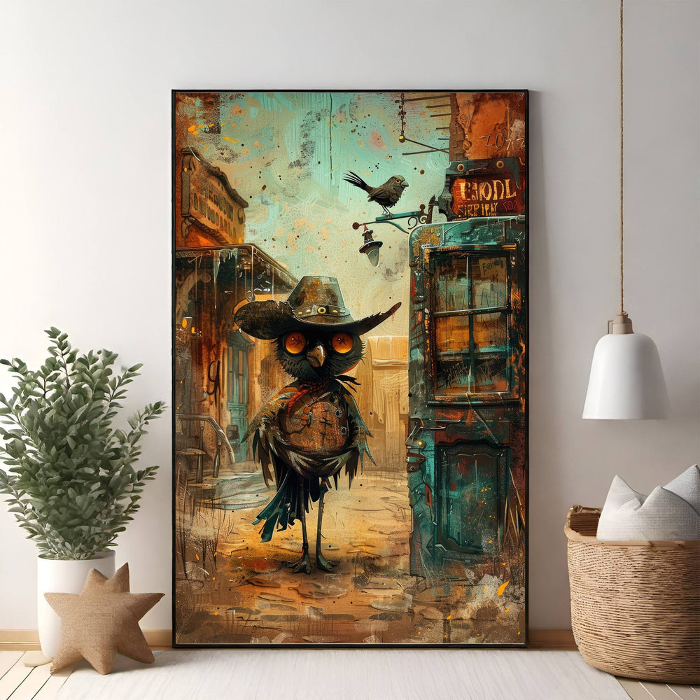 Wadi Home Whimsical Owl Cowboy art print, featuring a cartoon owl in a cowboy hat and vest in a western town.
