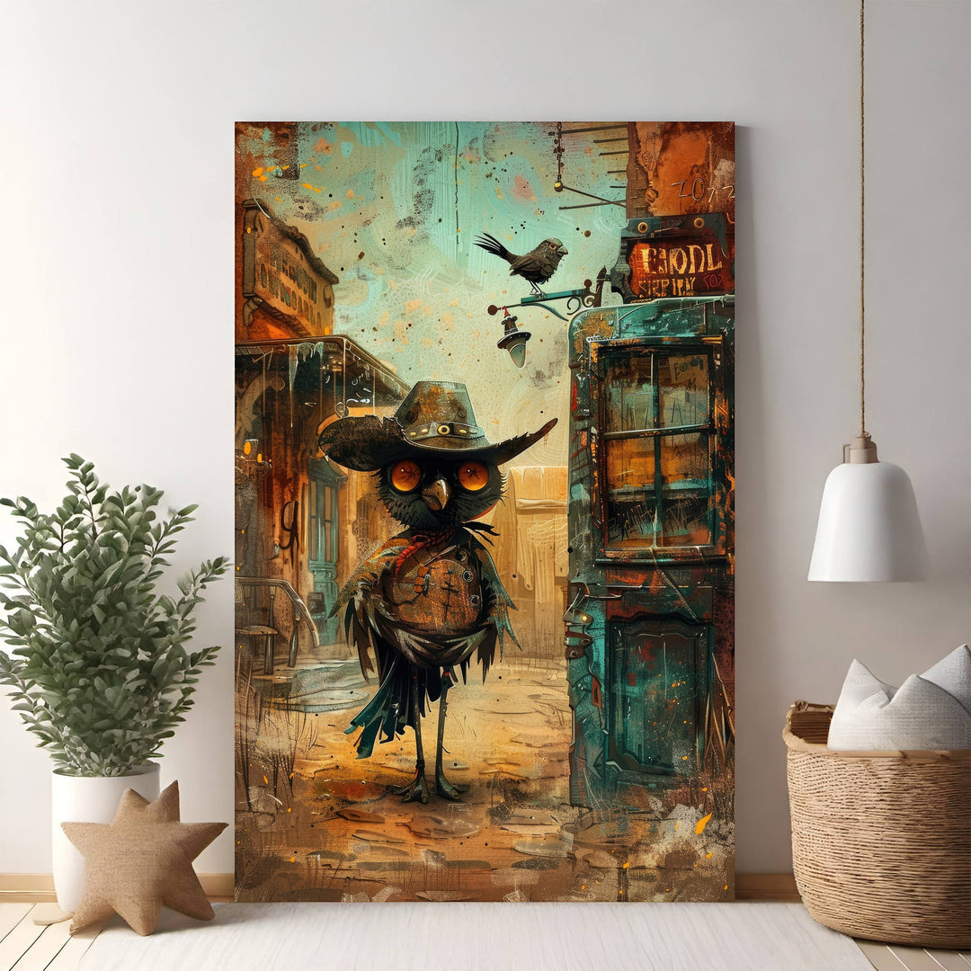 Wadi Home Whimsical Owl Cowboy art print, featuring a cartoon owl in a cowboy hat and vest on a western town street.
