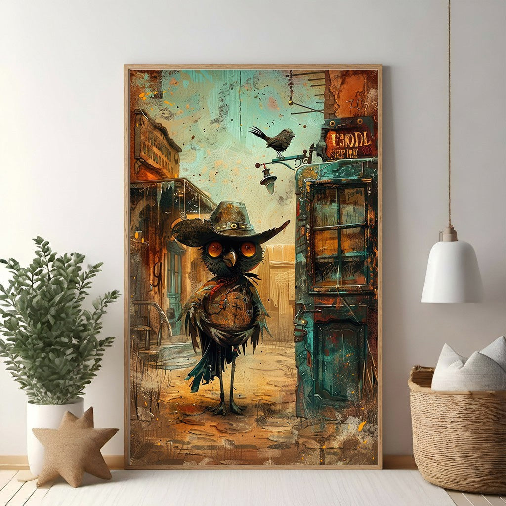 Wadi Home Whimsical Owl Cowboy art print, featuring an owl in a cowboy hat and vest on a western town street.