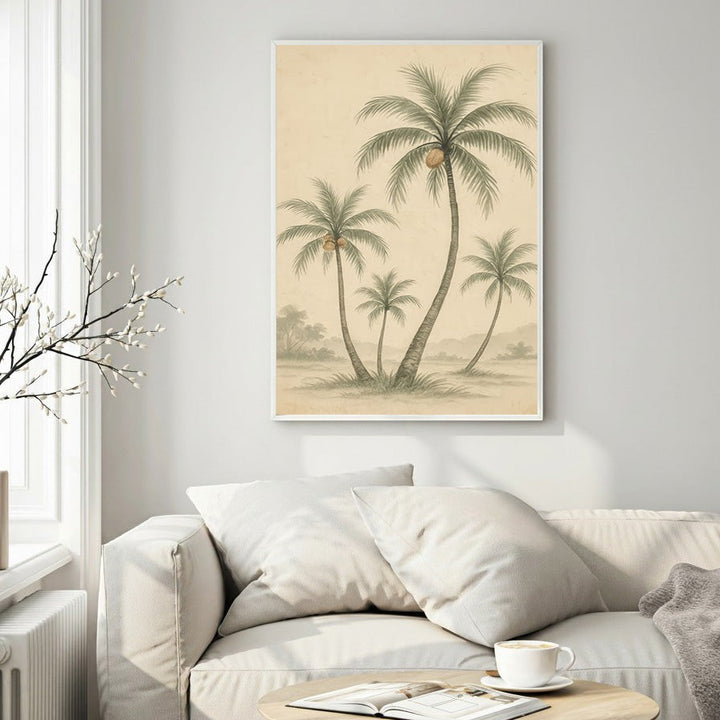 Wadi Home vintage palm tree landscape art print, muted green and beige tones, pencil-style illustration.