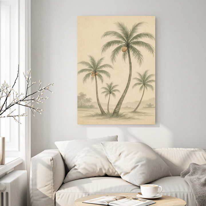Wadi Home vintage-style palm tree landscape wall art in muted green and beige tones, pencil illustration.