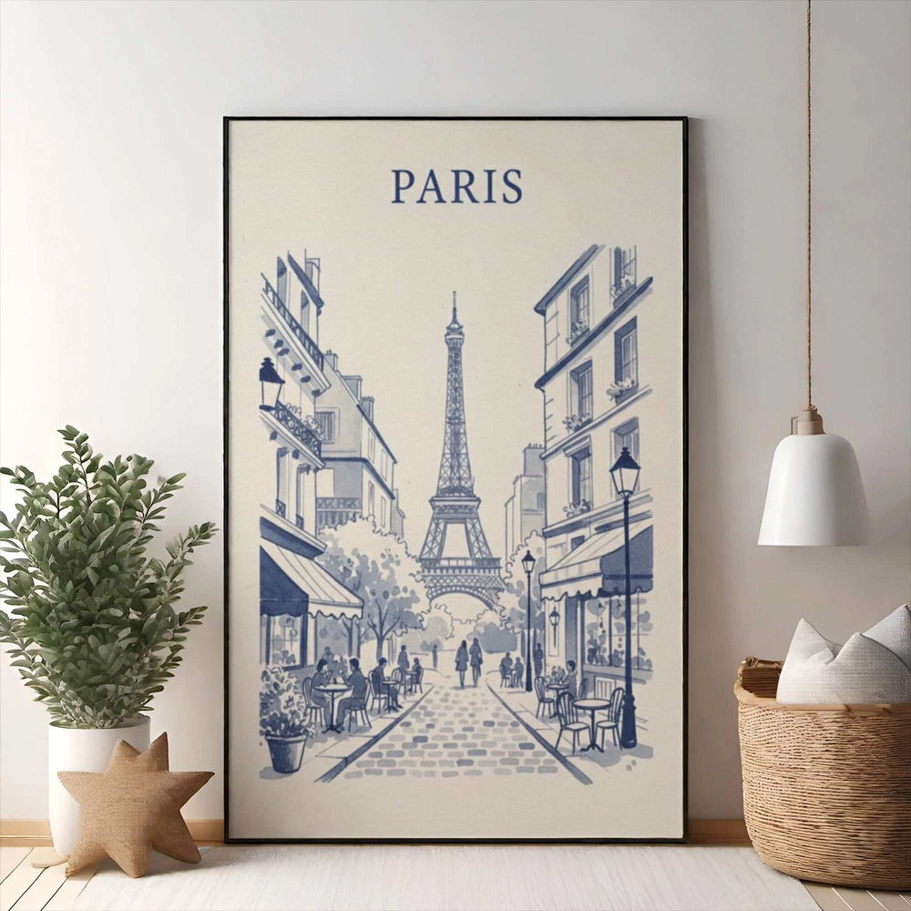 Wadi Home Parisian street scene artwork in blue and white watercolor, featuring the Eiffel Tower and cafes.