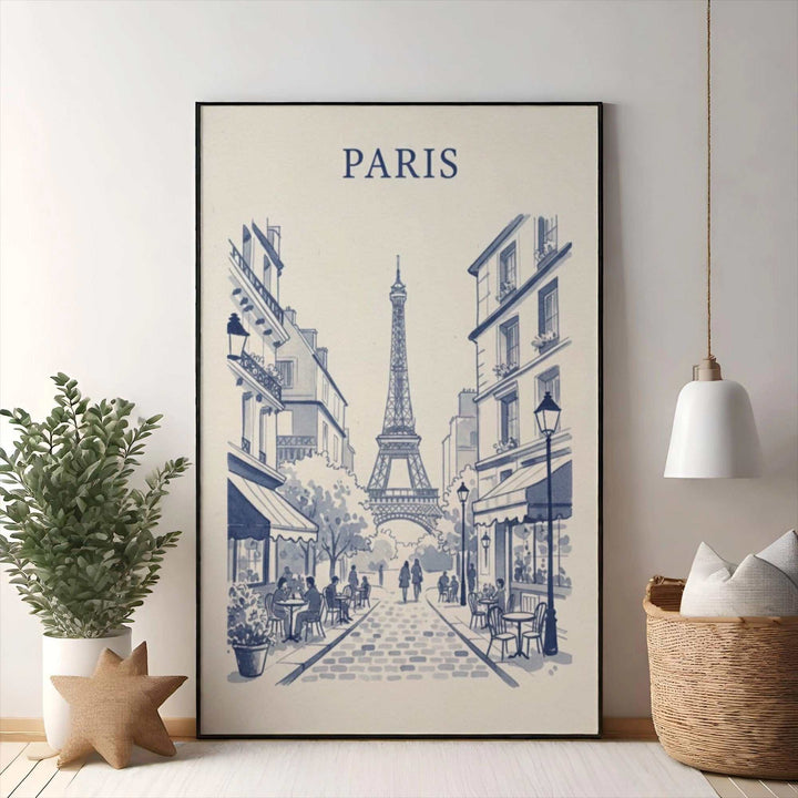 Wadi Home Parisian street scene artwork in blue and white watercolor, featuring the Eiffel Tower and cafes.