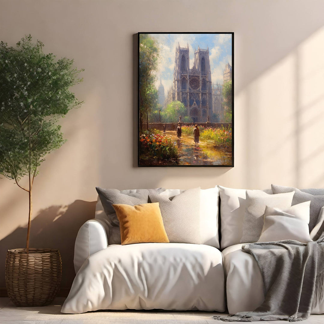 Wadi Home Parisian Cathedral Garden Landscape Painting. Oil painting of Notre Dame cathedral with a vibrant flower garden and two figures walking.