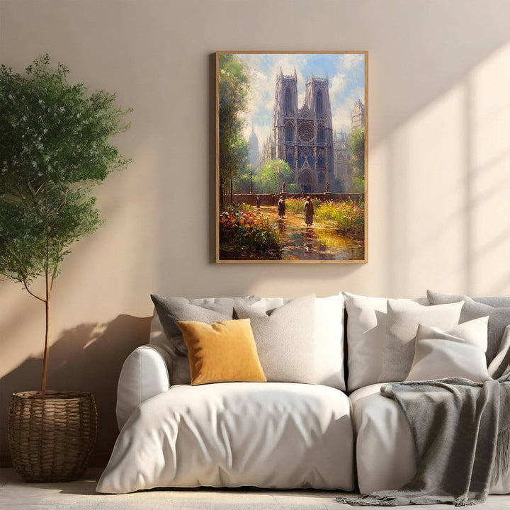 Wadi Home Parisian Cathedral Garden Landscape Painting with vibrant flowers and two figures walking.