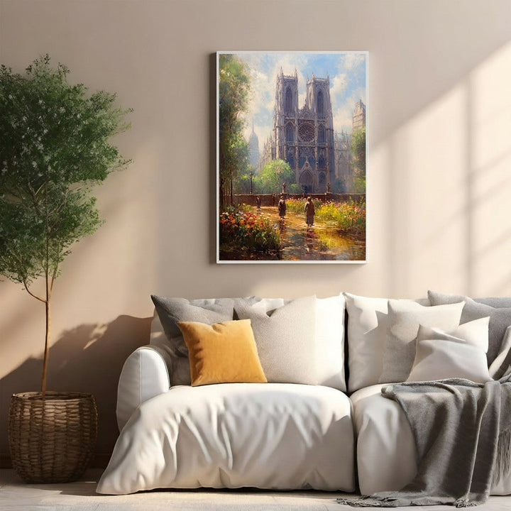 Wadi Home Parisian cathedral garden landscape painting with vibrant flowers and two figures walking.