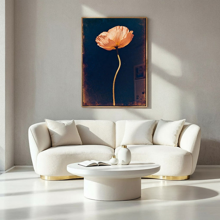 Wadi Home peach poppy flower art print with a delicate bloom against a deep navy background, framed in wood.
