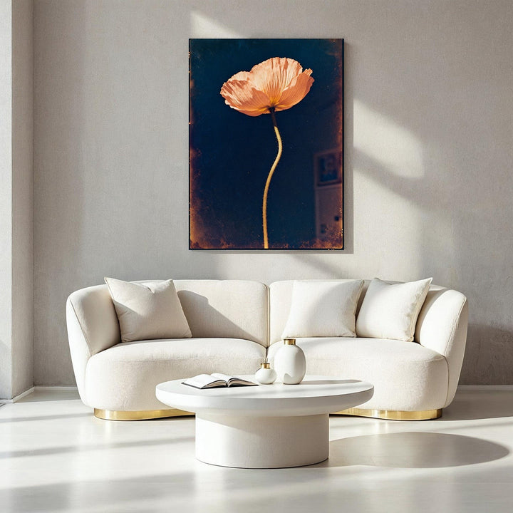 Wadi Home peach poppy flower art print on navy background, minimalist botanical decor.