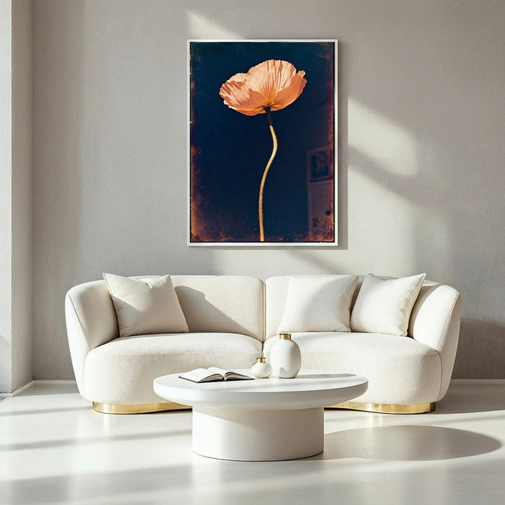 Wadi Home peach poppy flower art print on navy background, framed botanical decor.