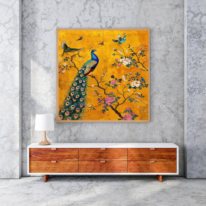 Wadi Home Peacock and Birds on a Branch Wall Art with golden background, featuring a peacock and smaller birds on a blooming branch with pink and white flowers.