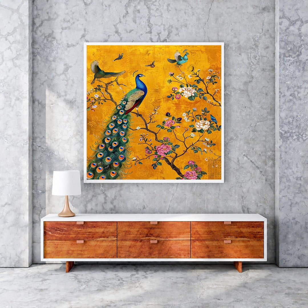 Wadi Home Peacock and Birds on a Branch Wall Art with vibrant blue peacock, pink flowers, and golden background.