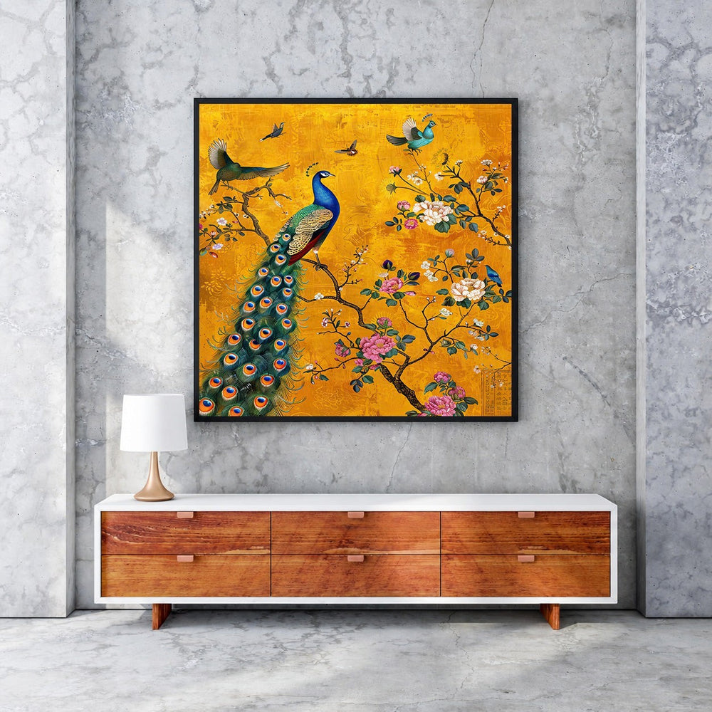 Wadi Home Peacock and Birds on a Branch Wall Art with golden background, pink flowers, and blue birds.