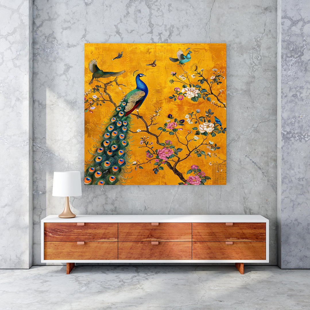 Wadi Home peacock and birds on a branch wall art with golden background and pink flowers.