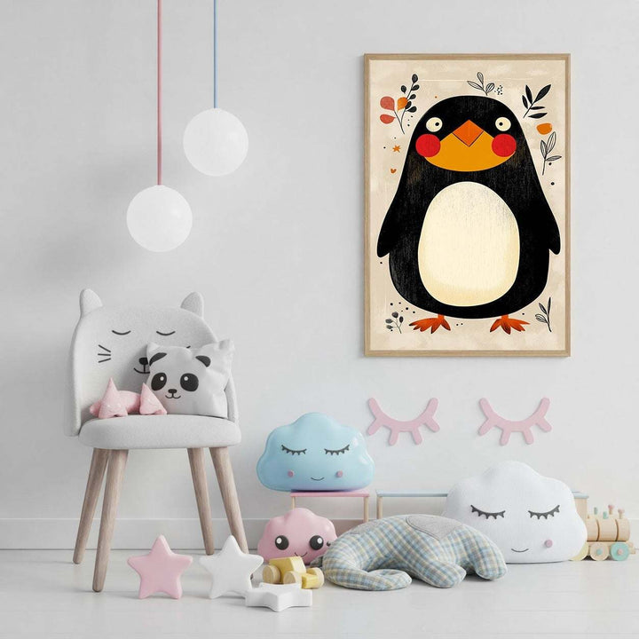 Wadi Home whimsical penguin nursery art with rosy cheeks and orange beak, framed or canvas print.