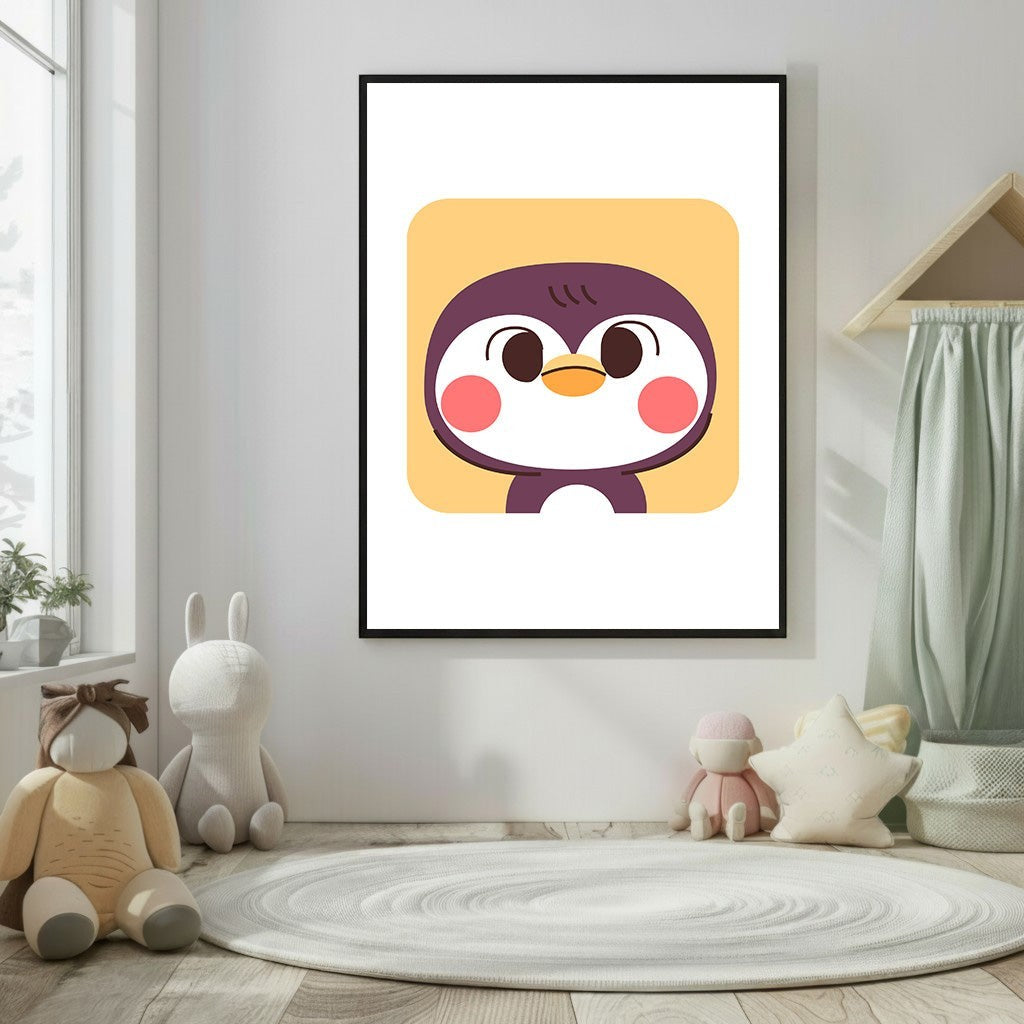 Wadi Home cute cartoon penguin nursery wall art with rosy cheeks on a yellow background.