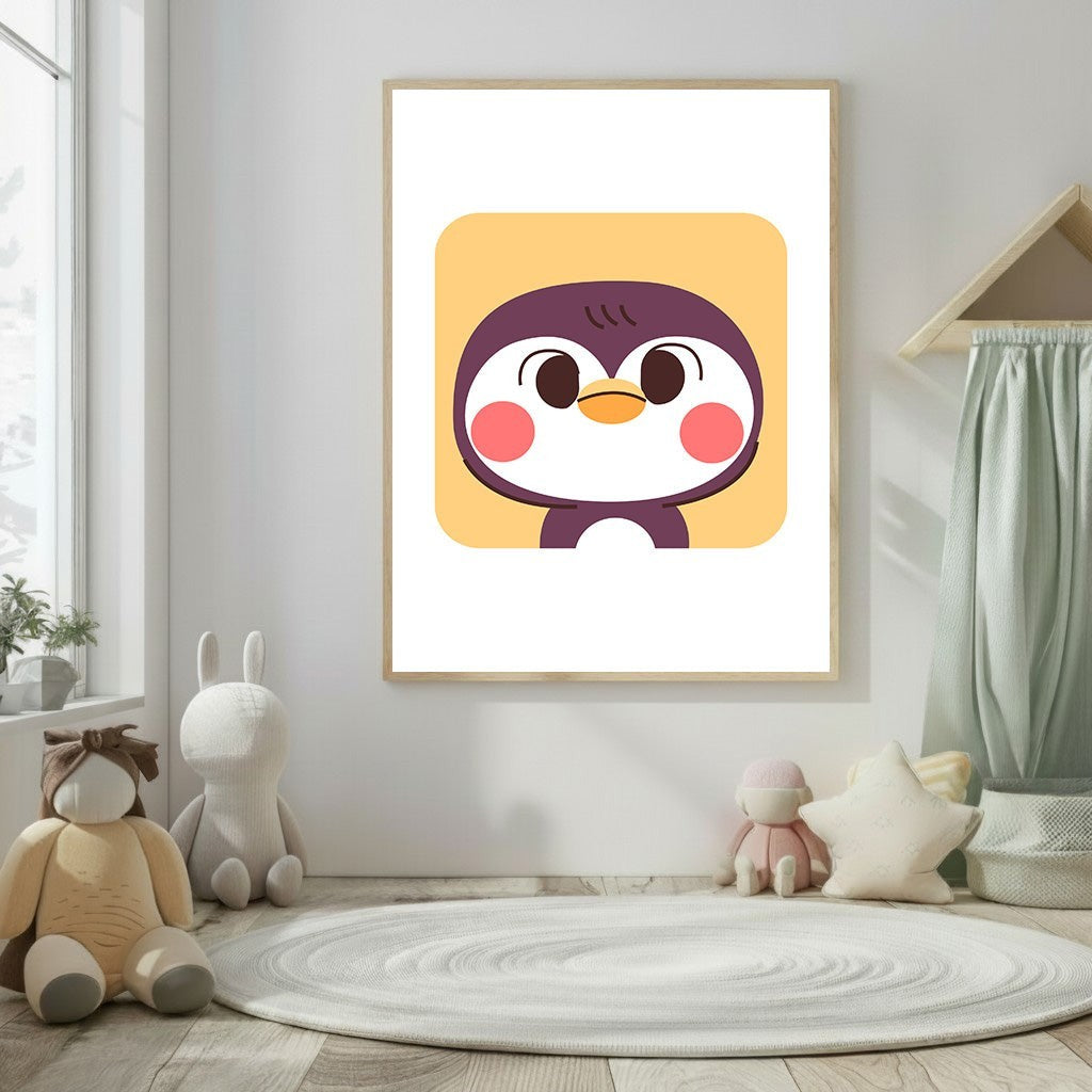 Wadi Home cute cartoon penguin nursery wall art with rosy cheeks on a yellow background.
