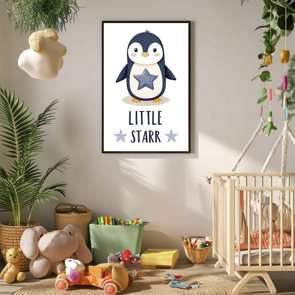 Wadi Home cute penguin with star nursery art print in blue and white, perfect for baby rooms.