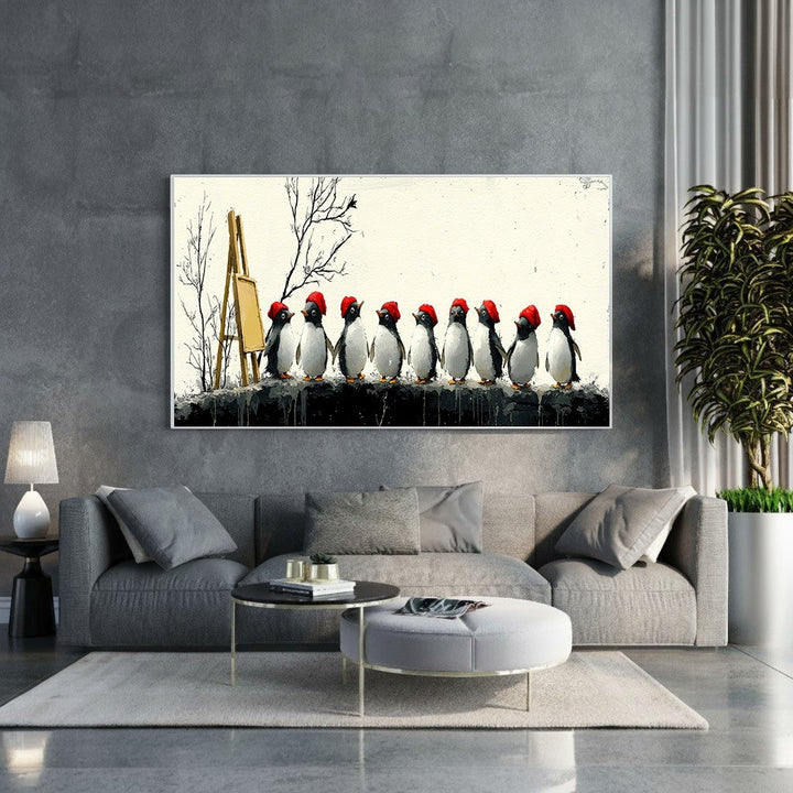 Wadi Home Penguins in Santa Hats canvas print featuring a row of penguins wearing red Santa hats against an artistic background.