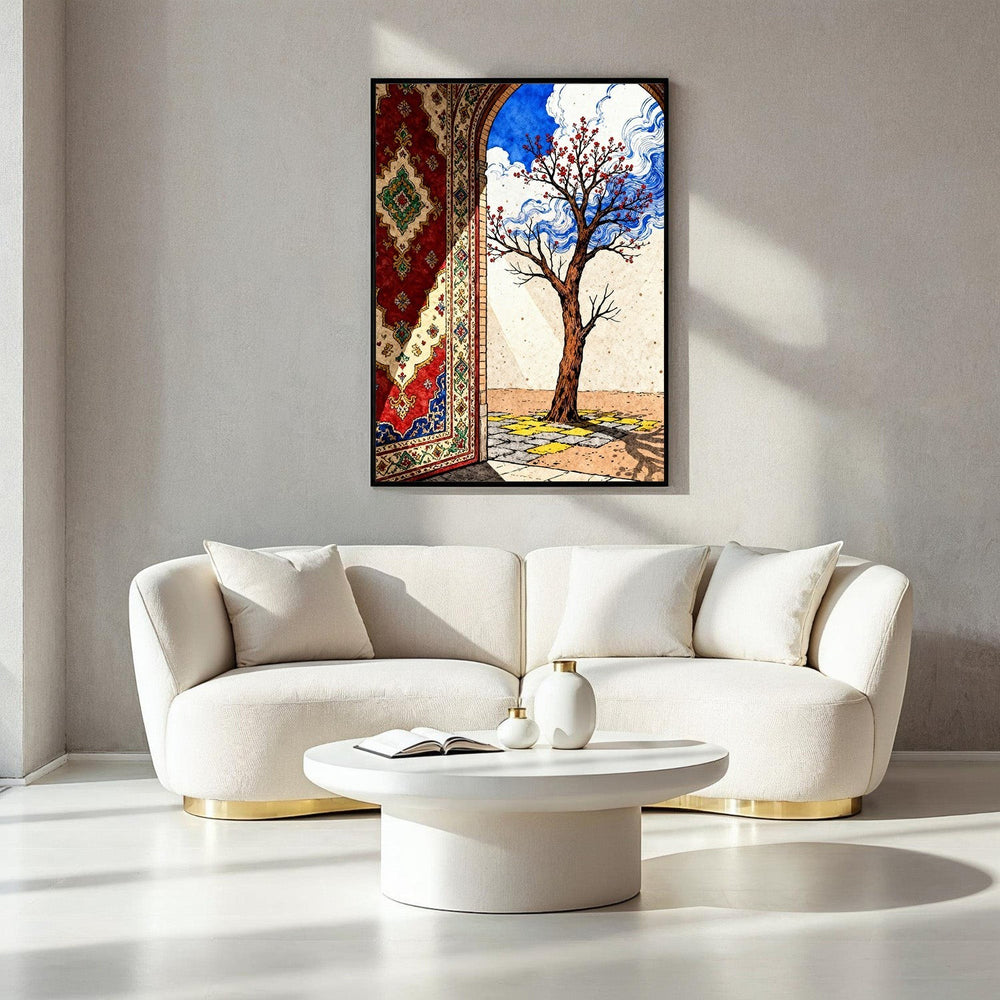 Wadi Home Persian archway wall art with blooming tree, intricate rug detail, blue sky, and dramatic clouds.