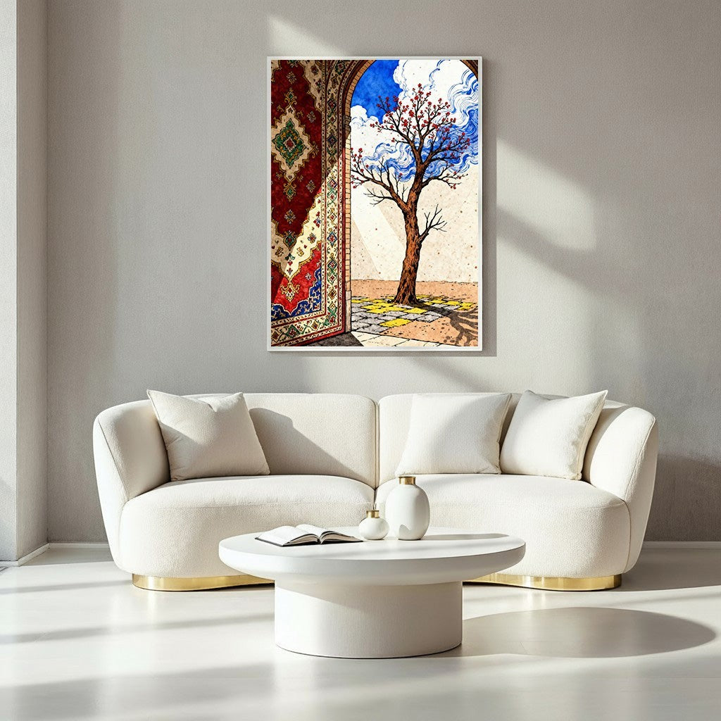 Wadi Home Persian Archway With Blooming Tree Wall Art featuring a red Persian rug through an archway and a solitary blooming tree.