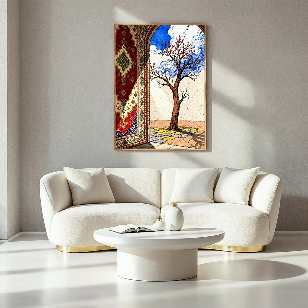 Wadi Home Persian archway wall art with blooming tree and intricate rug detail. Vibrant blues, reds, and earthy tones.