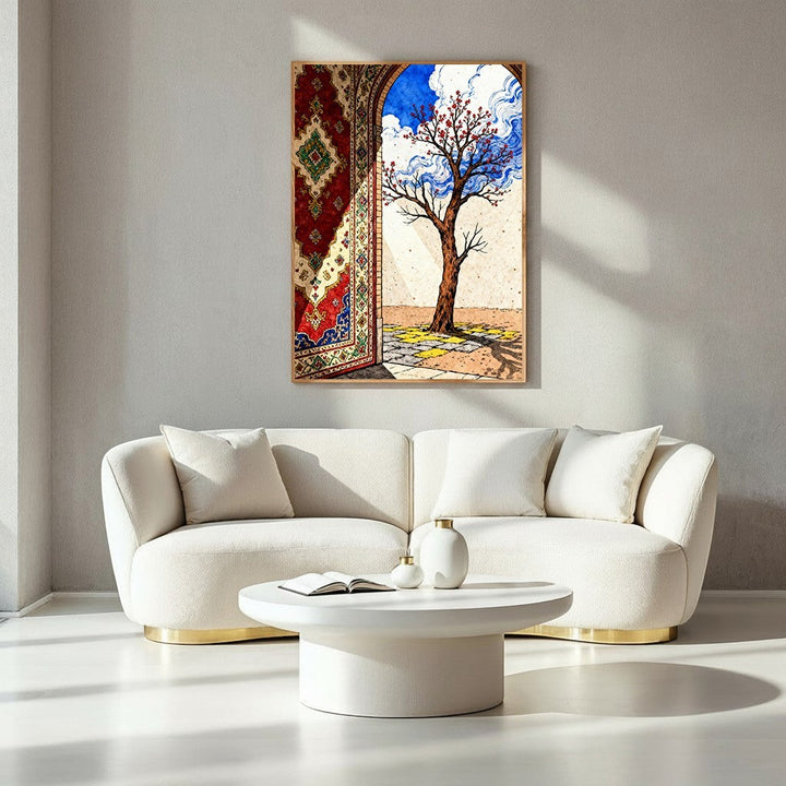 Wadi Home Persian archway wall art with blooming tree and intricate rug detail. Vibrant blues, reds, and earthy tones.