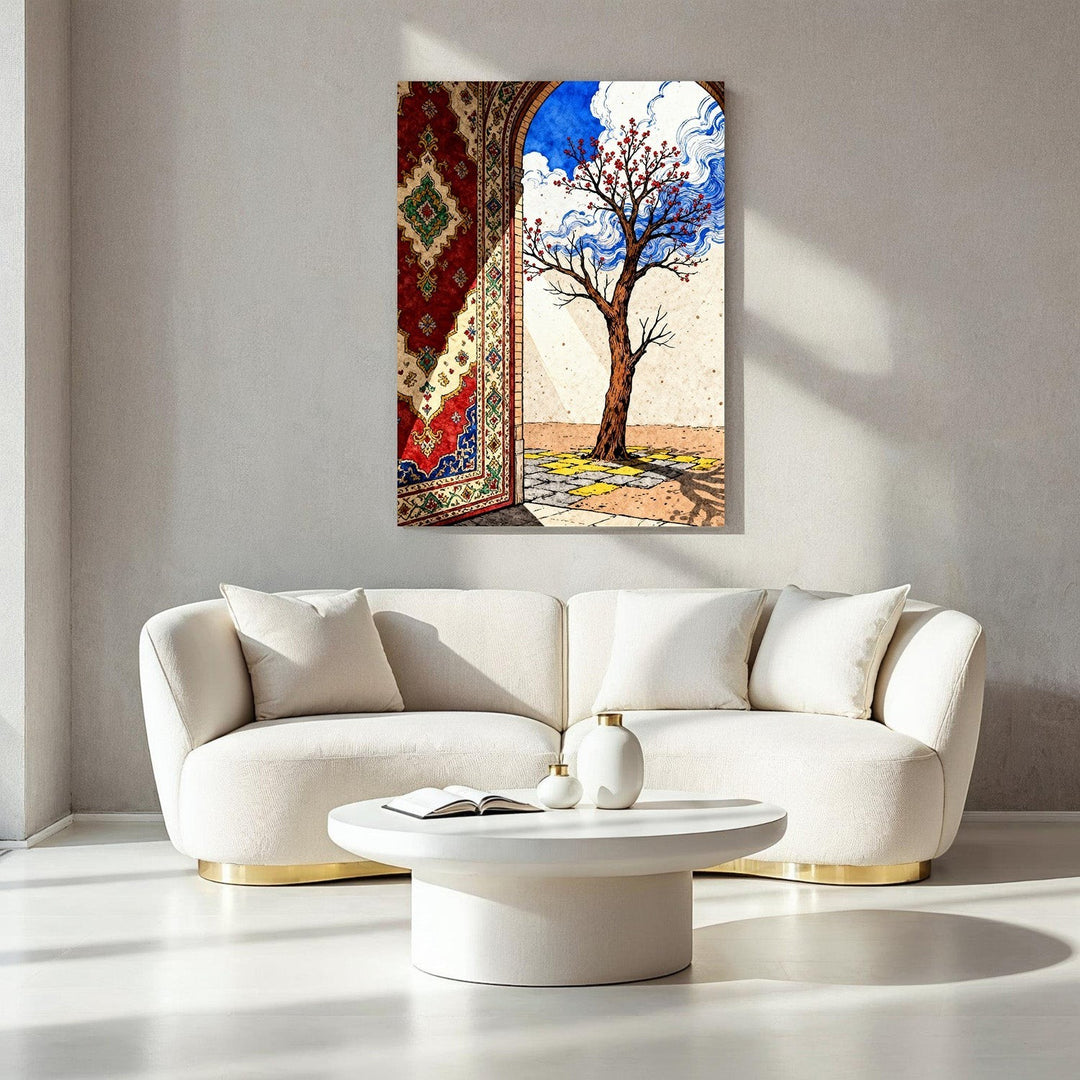 Wadi Home Persian archway wall art with blooming tree and Persian rug detail. Vibrant colors, exotic elegance.