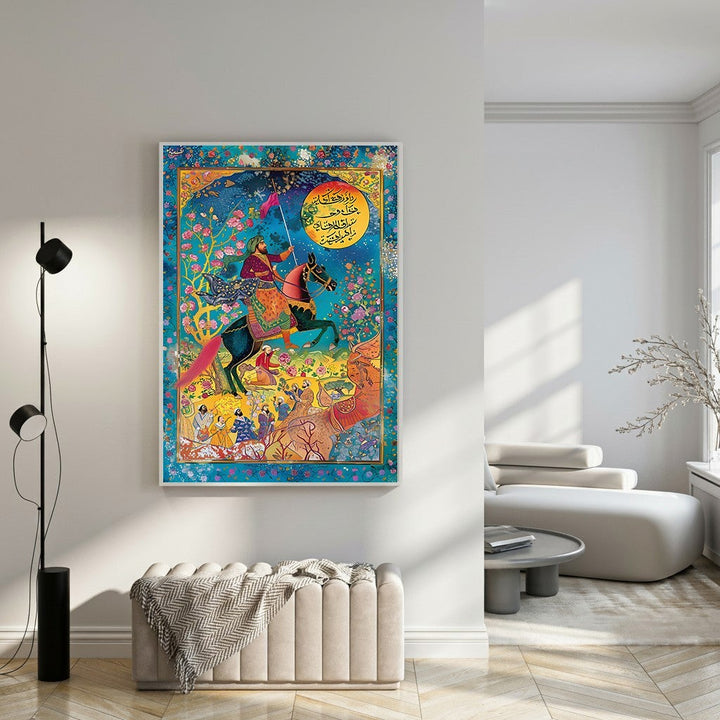 Wadi Home Persian miniature painting of a horseman in vibrant colors with intricate details and celestial backdrop.