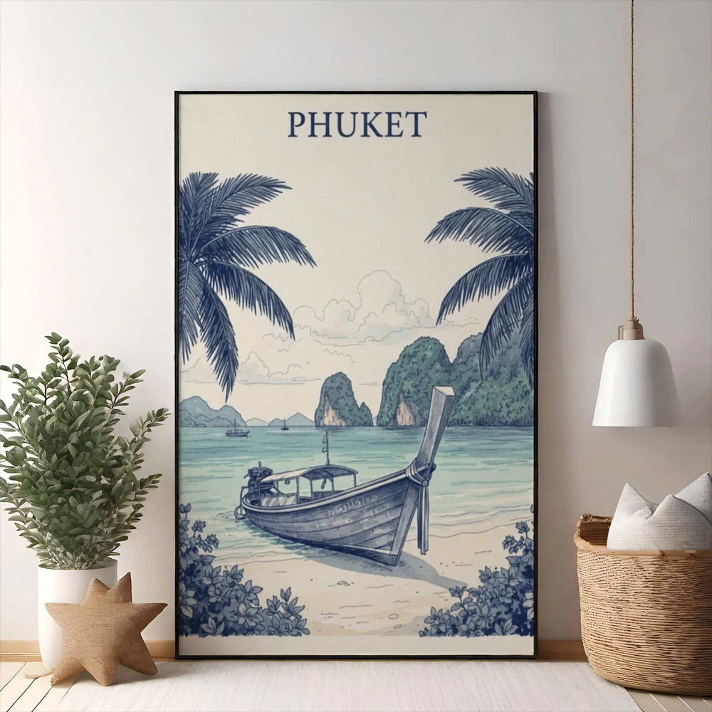 Wadi Home Phuket longtail boat tropical landscape poster with palm trees and limestone karsts. Blue and cream.