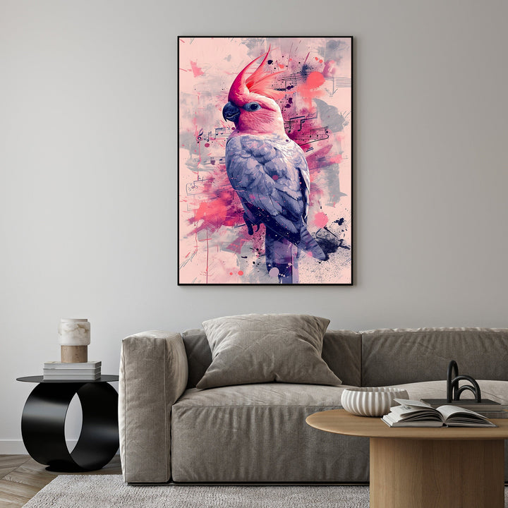 Wadi Home Pink Cockatoo watercolor art print with musical notes background. Features soft pinks and grays.