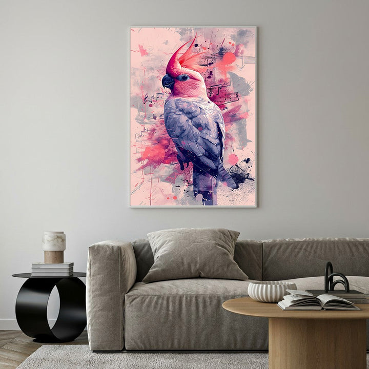 Wadi Home Pink Cockatoo watercolor art print with musical notes background. Features pink and gray tones.