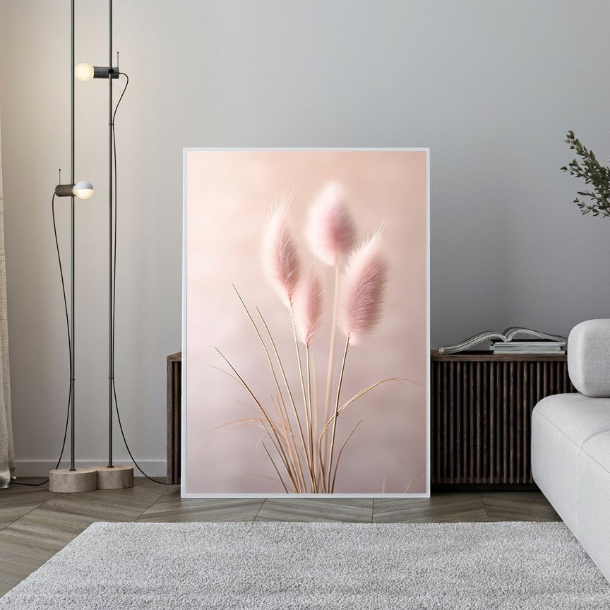 Wadi Home pink pampas grass wall art, soft fluffy plumes, botanical print, serene natural elegance for home decor.