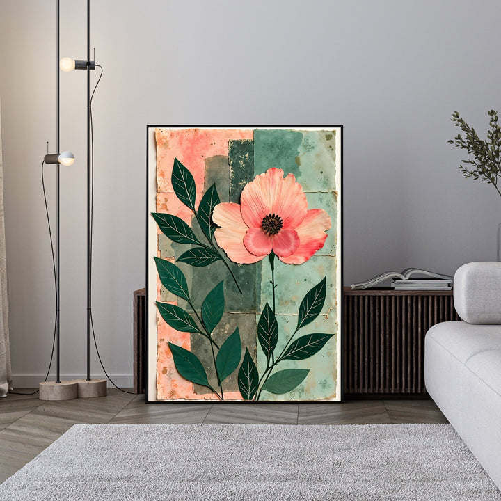 Wadi Home pink poppy art print with green leaves on abstract coral and teal background. Modern floral wall art.
